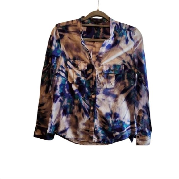 BCBG MAXAZRIA BLUE PURPLE GRAY TIE-DYE SHEER TOP SIZE XS LONG SLEEVE COLORFUL - Picture 1 of 9